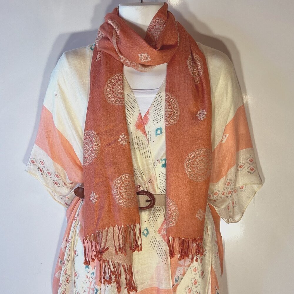 2Bme 80x29 Tangerine print oversized scarf or wrap Boho Chic Festival Ranch 70s